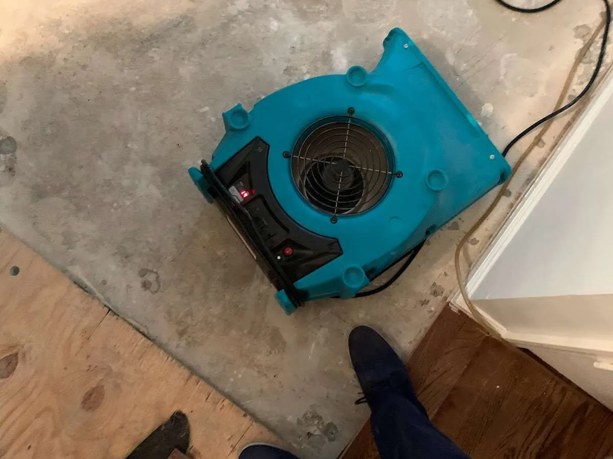Air mover drying subfloor during Commercial Water Damage Restoration in Manteca